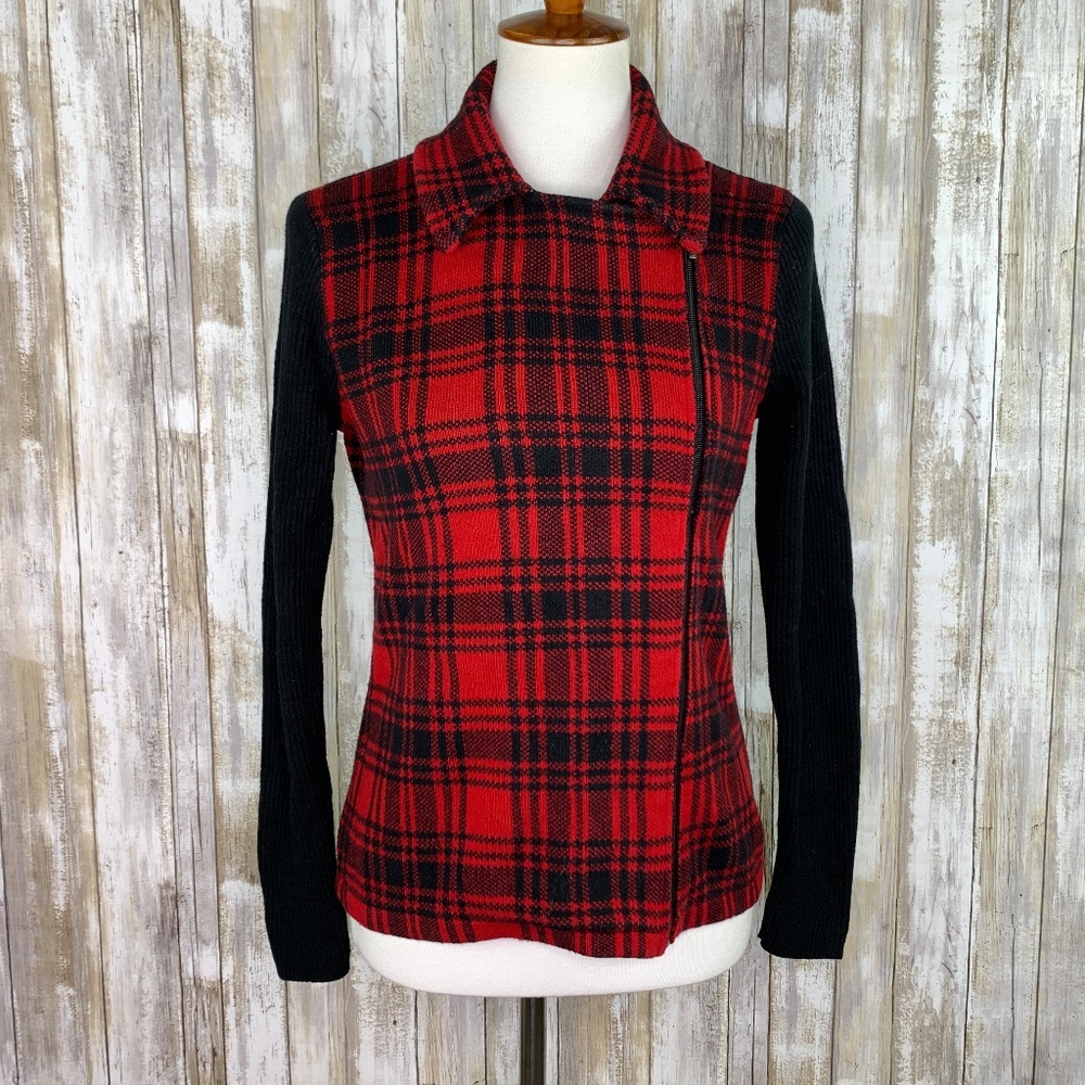 Chaps Asymmetrical Zip Red Plaid Sweater Jacket Sm